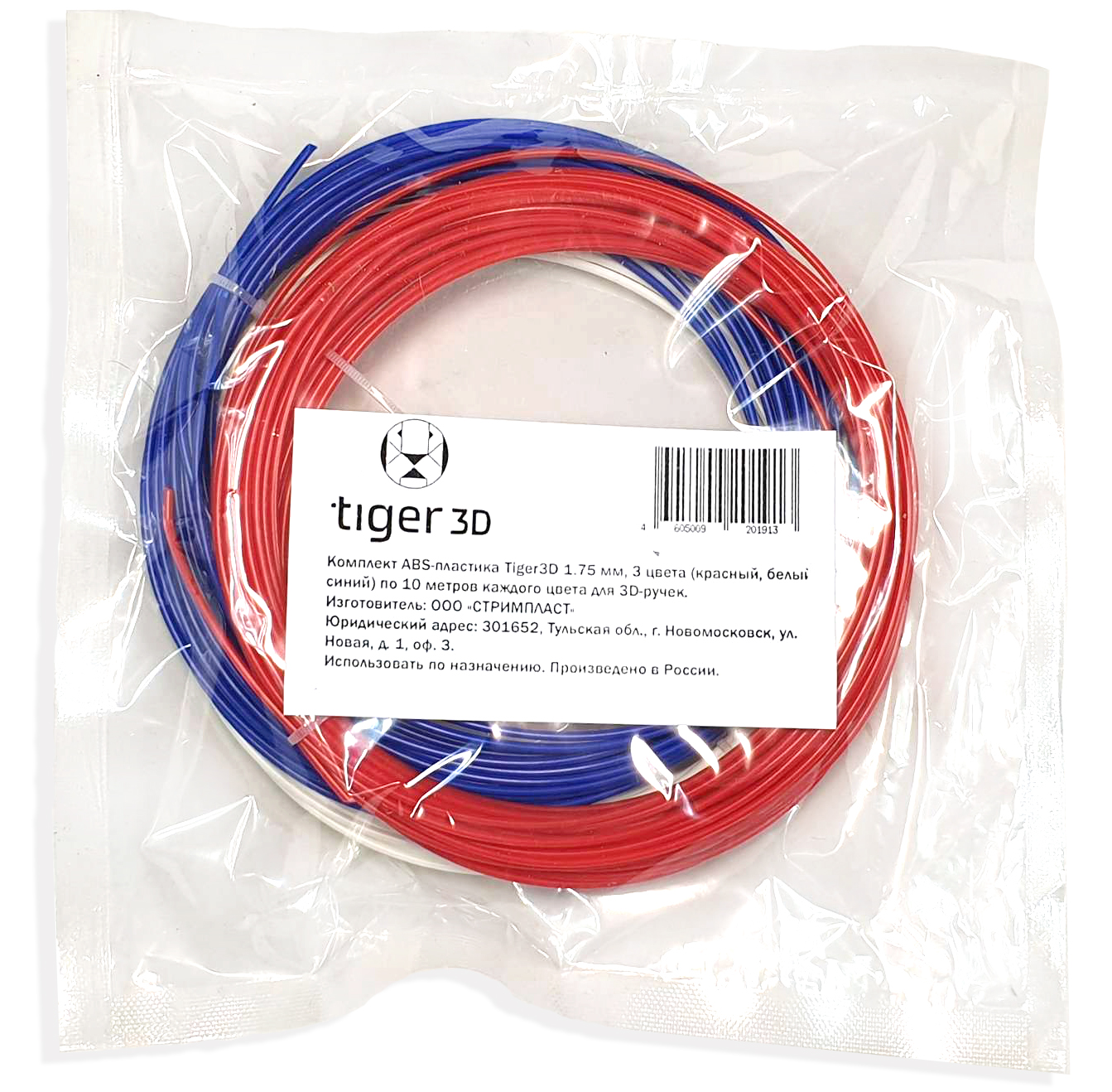 Комплект ABS-пластика Tiger3D 1.75 мм для 3D ручек (красный, белый, синий), по 10 метров каждого цвета